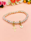 Gold Natural Cultured Freshwater Pearl Zirconia Bracelet with Personalized Initial Charm, N6759