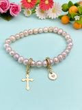 Gold Natural Cultured Freshwater Pearl Zirconia Bracelet with Personalized Initial Charm, N6759