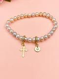 Gold Natural Cultured Freshwater Pearl Zirconia Bracelet with Personalized Initial Charm, N6759