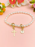 Gold Natural Pearl Cross Zirconia Bracelet with Personalized Initial Charm, N6760