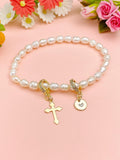 Gold Natural Pearl Cross Zirconia Bracelet with Personalized Initial Charm, N6760