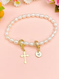 Gold Natural Pearl Cross Zirconia Bracelet with Personalized Initial Charm, N6760