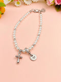 Shell Pearl Cross Bracelet with Personalized Initial Charm, N6761