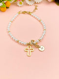 Gold Shell Pearl Cross Bracelet with Personalized Initial Charm, N6769