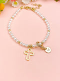 Gold Shell Pearl Cross Bracelet with Personalized Initial Charm, N6769
