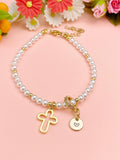 Gold Shell Pearl Cross Bracelet with Personalized Initial Charm, N6769