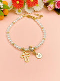 Gold Shell Pearl Cross Bracelet with Personalized Initial Charm, N6769