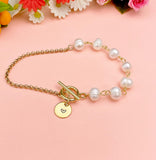 Gold Natural Freshwater Pearl Bracelet with Personalized Initial Charm, N6770