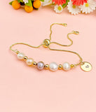 Gold Natural Pearl Slider Bolo Bracelets with Personalized Initial Charm, N6771
