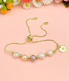 Gold Natural Pearl Slider Bolo Bracelets with Personalized Initial Charm, N6771