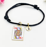 Gold Queen of Heart Card Charm Black Cord Bracelet with Initial, N5667B