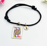 Gold Queen of Heart Card Charm Black Cord Bracelet with Initial, N5667B