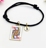 Gold Queen of Heart Card Charm Black Cord Bracelet with Initial, N5667B