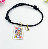 Gold Queen of Heart Card Charm Black Cord Bracelet with Initial, N5667B