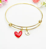 Gold Red Heart Bangle Bracelet with Personalized Initial Charm, N4308