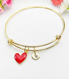 Gold Red Heart Bangle Bracelet with Personalized Initial Charm, N4308