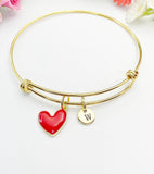 Gold Red Heart Bangle Bracelet with Personalized Initial Charm, N4308