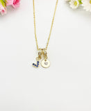 Gold Blue Sapphire Heart Necklace with Zirconia Bail and Initial Pendant, N6780