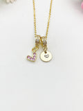 Gold Pink Heart Necklace with Zirconia Bail and Initial Pendant, N6781
