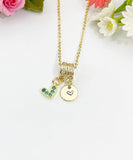 Gold Green Tiny Heart Necklace with Zirconia Bail and Initial Pendant, N6783