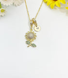 Gold Sunflower Necklace with Zirconia Bail and Initial Pendant, N6782