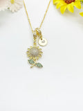 Gold Sunflower Necklace with Zirconia Bail and Initial Pendant, N6782