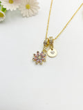 Gold Tiny Red Daisy Necklace with Zirconia Bail and Initial Pendant, N6783