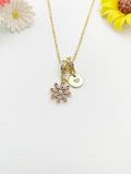 Gold Tiny Red Daisy Necklace with Zirconia Bail and Initial Pendant, N6783