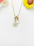 Gold Tiny Clear Daisy Necklace with Zirconia Bail and Initial Pendant, N6784