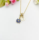 Gold Blue Daisy Necklace with Zirconia Bail and Initial Pendant, N6786
