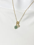 Gold Emerald Green Daisy Necklace with Zirconia Bail and Initial Pendant, N6787