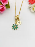 Gold Emerald Green Daisy Necklace with Zirconia Bail and Initial Pendant, N6787