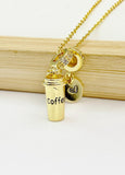 Gold Coffee Cup Necklace with Cubic Zirconia Bail and Initial Pendant, N6794