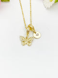 Gold Butterfly Necklace with Cubic Zirconia Bail and Initial Pendant, N6796