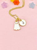 Enamel Ghost Charm Necklace, Gold Initial Pendant, Halloween Jewelry