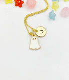 Enamel Ghost Charm Necklace, Gold Initial Pendant, Halloween Jewelry