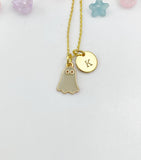 Gold Ghost Charm Necklace, Initial Pendant, Halloween Jewelry
