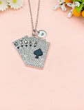 Silver Royal Straight Flush Playing Cards Poker Hand Charm Necklace, N6750