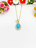 Gold Deep Sky Blue Teardrop Cubic Zirconia Pendant Necklace – Mom Gift Jewelry, N6824