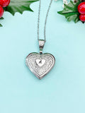 Silver Heart Locket Necklace, Floral Photo Keepsake, Stainless Steel