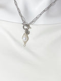 Silver Oval Necklace with Toggle Clasp and Wrapped Cultured Freshwater Pearl Pendant, N6716N