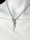Silver Oval Necklace with Toggle Clasp and Wrapped Cultured Freshwater Pearl Pendant, N6716N