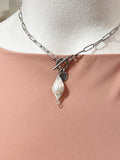 Silver Oval Necklace with Toggle Clasp and Wrapped Cultured Freshwater Pearl Pendant, N6716N