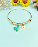 Green Heart Charm Bangle Bracelet, Personalized Initial Gift