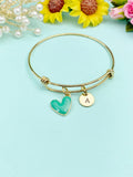 Green Heart Charm Bangle Bracelet, Personalized Initial Gift