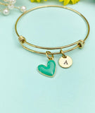 Green Heart Charm Bangle Bracelet, Personalized Initial Gift