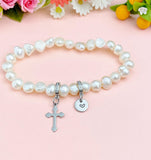 Natural Pearl Cross Stretch Bracelet with Personalized Initial Charm, N6757