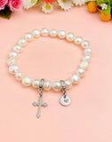Natural Pearl Cross Stretch Bracelet with Personalized Initial Charm, N6757