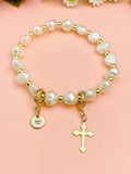 Gold Natural Pearl Cross Stretch Bracelet with Personalized Initial Charm, N6758