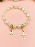 Gold Natural Pearl Cross Stretch Bracelet with Personalized Initial Charm, N6758